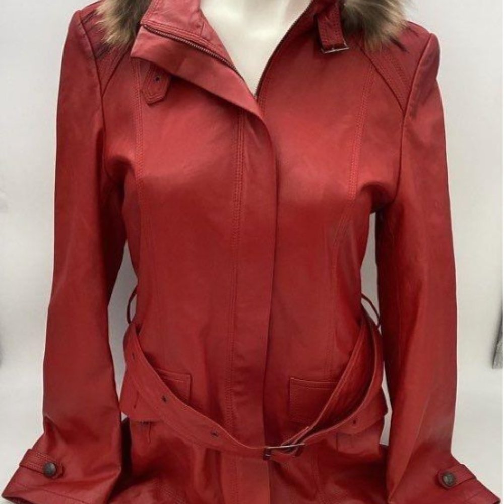 ENI  Red Leather Jacket with Fur Trimmed Hood   XL fits like Medium